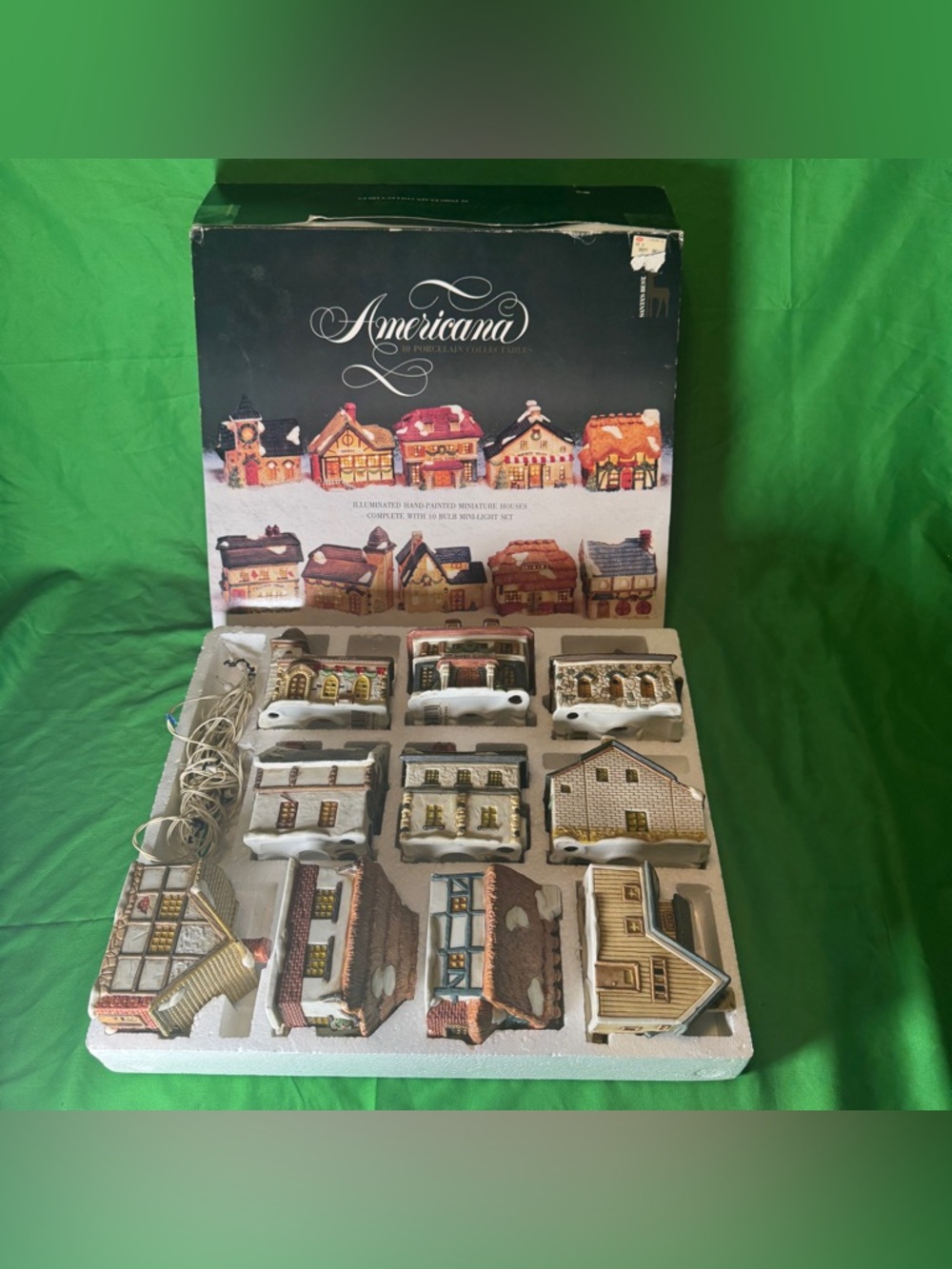 Christmas Village Light Set 10 Porcelain Houses Santas Best Americana VTG 1993